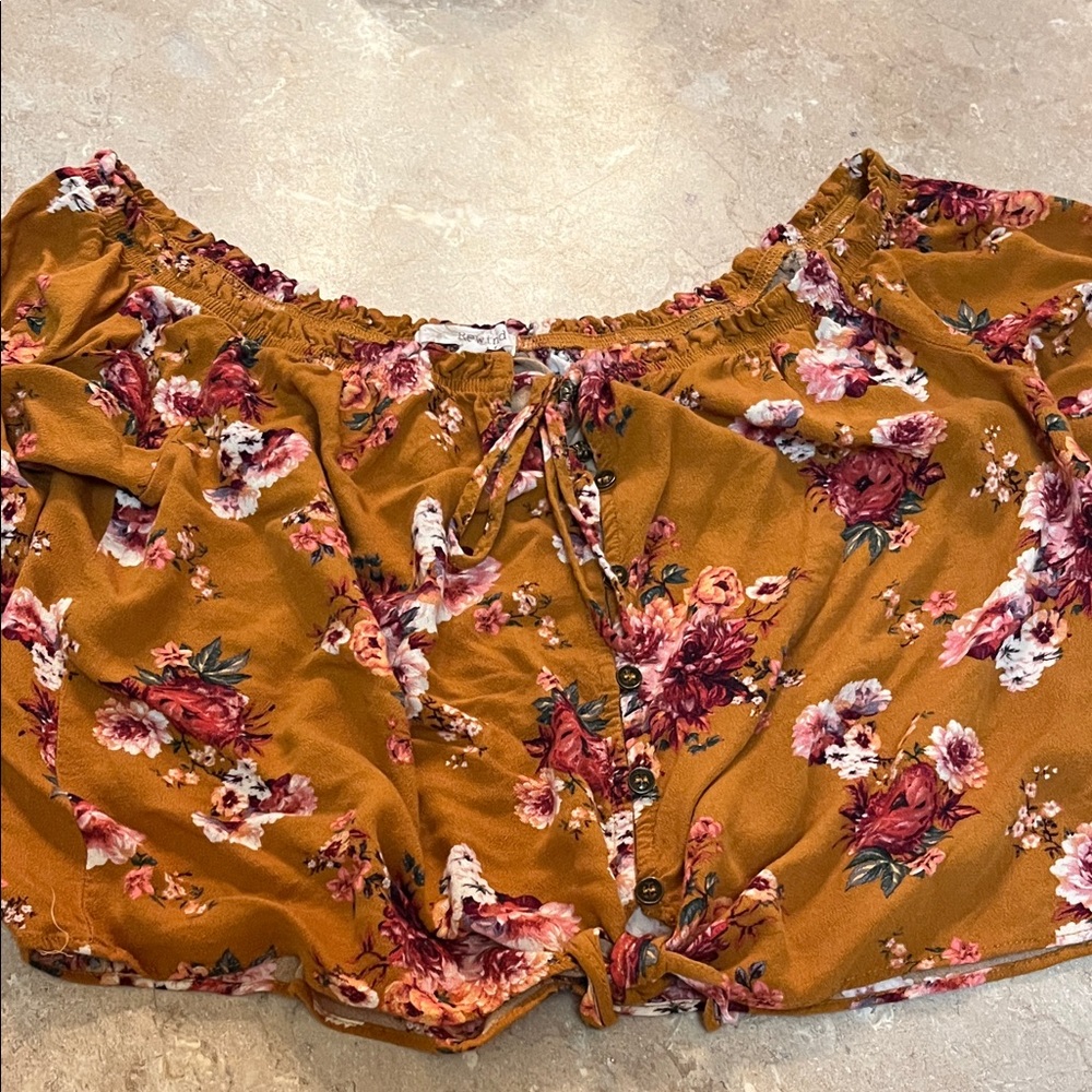 Bohemian Multicolor Floral Ruffled Top  off the shoulder  ties at bottom